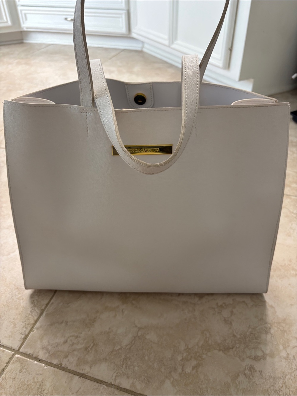 Vince Camuto White Tote with Gold Nameplate